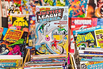 Justice League of America comic book on display Editorial Stock Photo