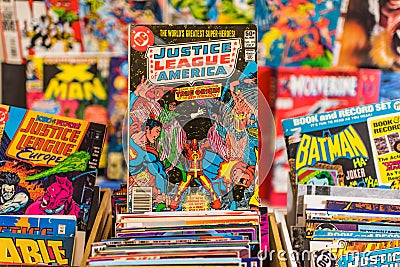 Justice League of America comic book on display Editorial Stock Photo