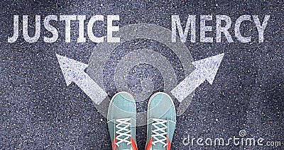 Justice and mercy as different choices in life - pictured as words Justice, mercy on a road to symbolize making decision and Cartoon Illustration