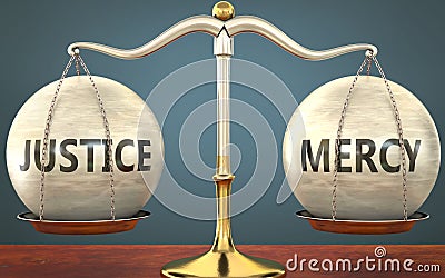 Justice and mercy staying in balance - pictured as a metal scale with weights and labels justice and mercy to symbolize balance Cartoon Illustration