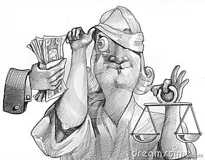 Justice is not always blind bw political cartoon Stock Photo