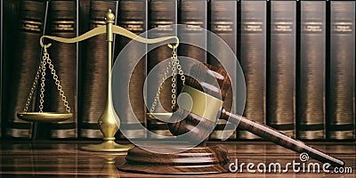 Justice scale, gavel and law books. 3d illustration Cartoon Illustration