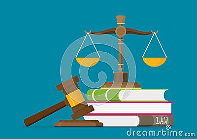 Justice scales and wooden judge gavel. Law hammer sign with books of laws. Legal law and auction symbol. Libra in flat design. Vector Illustration