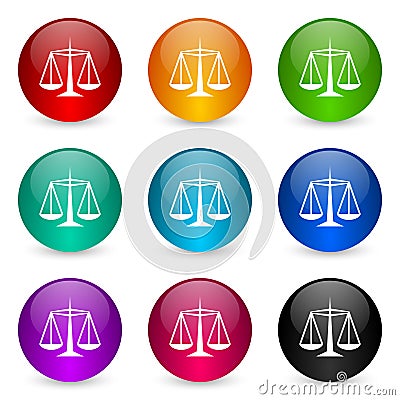 Justice vector icons, set of colorful glossy 3d rendering ball buttons in 9 color options Vector Illustration