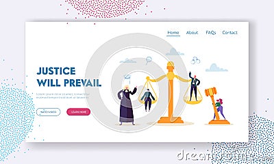 Justice will Prevail Landing Page. Judge Hears Witness and Evidence Presented by Barrister of Case, Assess Credibility Argument Vector Illustration