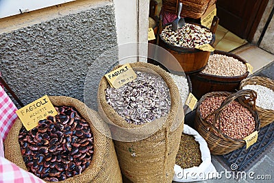 Various types of legumes on sale in Norcia, Italy Stock Photo