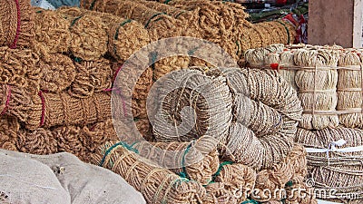 Jute and hemp products for sale in an Indian market Stock Photo