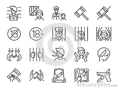 Juvenile crime icon set. It included delinquent, justice, law, crime, and more icons. Editable Vector Stroke. Vector Illustration