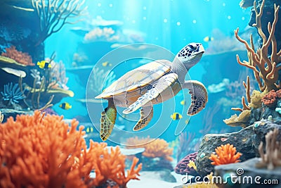 juvenile sea turtle navigating through coral maze Stock Photo