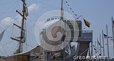 Juxtaposition--Sailing Ship and Supersonic Airship Stock Photo