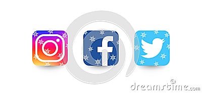 Set of most popular social media icons: Twitter, Instagram, Facebook, winter style Vector Illustration