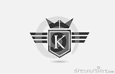 K alphabet letter logo icon for company in black and white. Creative badge design with king crown wings and shield for business Vector Illustration