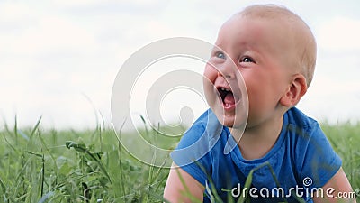 4k. Baby Sitting Crawling On Green Grass And Smiling ...
