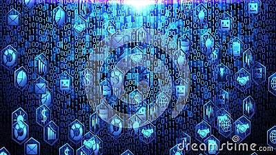 8K 3D Business and Technology Icons Spin in Hexagon Border and Hover on Binary Code Background with Blue Lighting ver.1full view Stock Photo