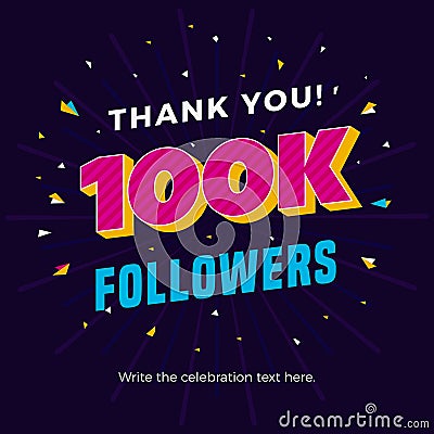 100k followers card banner post template for celebrating many followers in online social media networks. Stock Photo