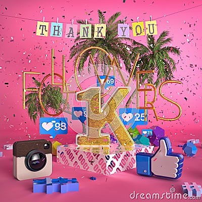 1000, 1K followers illustration with thank you on pink background. 3d rendering Cartoon Illustration