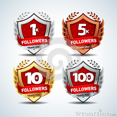 1K, 5k, 10k, 100k Followers. Silver, bronze, gold, platinum versions. Design logotype, sign template for social network and follow Stock Photo