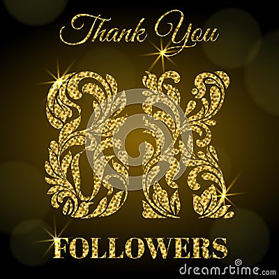 8K Followers. Thank you banner. Golden letters with sparks on a dark background. Vector Illustration