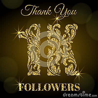 1K Followers. Thank you banner. Golden letters with sparks on a dark background. Vector Illustration