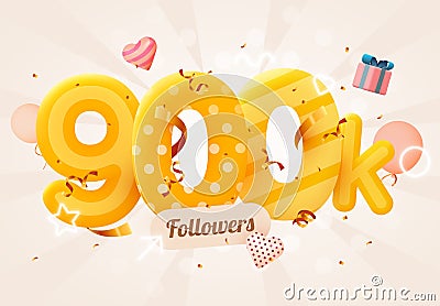 900k or 900000 followers thank you Pink heart, golden confetti and neon signs. Social Network friends, followers, Web Vector Illustration