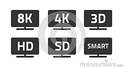 4k 8k hd resolution icon vector pictogram, 3d smart tv logo graphic symbol, video full high definition sd television screen Vector Illustration