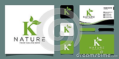 K letter logo design with a combination of leaves with business card design Vector Illustration