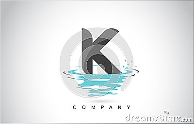 K Letter Logo Design with Water Splash Ripples Drops Reflection Vector Illustration