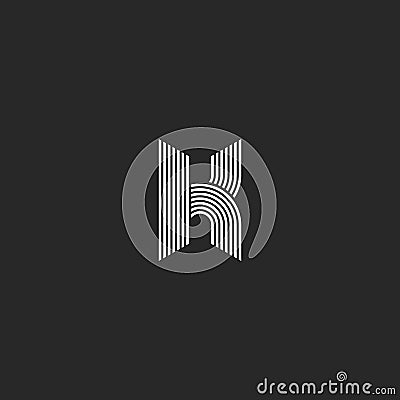 K letter logo monogram mockup, black and white initial emblem, offset smooth thin lines geometric shapes Vector Illustration