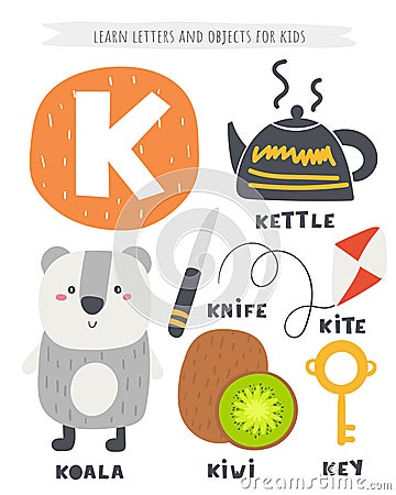 K letter objects and animals including koala, kite, kettle, key, kiwi, knife. Vector Illustration