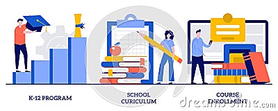 K-12 program, school curriculum, course enrollment concept with tiny people. Public school abstract vector illustration set. Vector Illustration