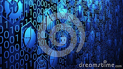 8K 3D Business and Technology Icons Spin in Hexagon Border and Hover on Binary Code Background with Blue Lighting ver.2 Stock Photo