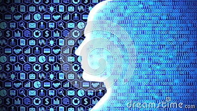 8K Glowing AI Head Silhouette Computing and Thinking Business and Technology including Icon Set and Binary Code Background ver.1 Stock Photo