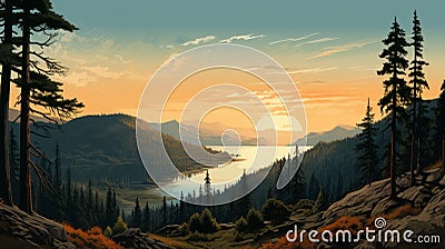 Sunset In The Mountains: Detailed Architecture Paintings With Hikecore Vibes Cartoon Illustration