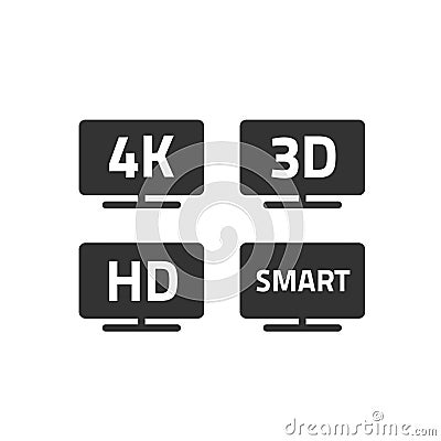 4k ultra hd tv and full hd television icons set line outline, black and white hd video emblem label for lcd or led tv Vector Illustration