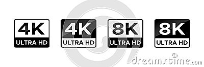 4K 8K Ultra HD video format vector icon set. High resolution web tv screen symbol Vector Illustration