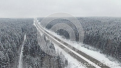 4K Weg in het de winterbos met het drijven van auto's bij sneeuwval Lucht panorama Het verdwijnen perspectief stock video 4K Weg in het de winterbos met het drijven van auto's bij sneeuwval Lucht panorama Het verdwijnen perspectief stock video