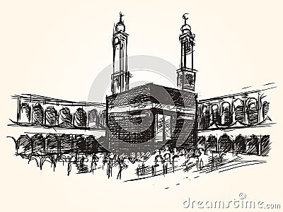 Kaaba holy symbolic building in islam vector sketch drawing pilgrimage hajj Vector Illustration