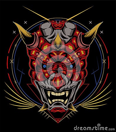 Kabuki illustration. red devil face illustration. head of red demon. japanese demon mask Cartoon Illustration