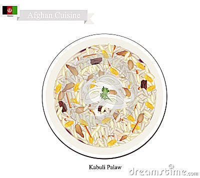Kabuli Palaw or Afghanistan Rice with Lamb and Vegetables Vector Illustration