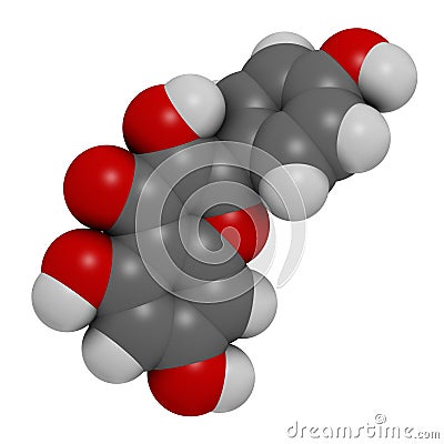 Kaempferol antioxidant molecule. 3D rendering. Atoms are represented as spheres with conventional color coding: hydrogen white, Stock Photo