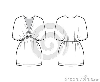 Kaftan dress technical fashion illustration with deep V-neck, batwing sleeves, oversized, mini length, pencil cut. Flat Vector Illustration