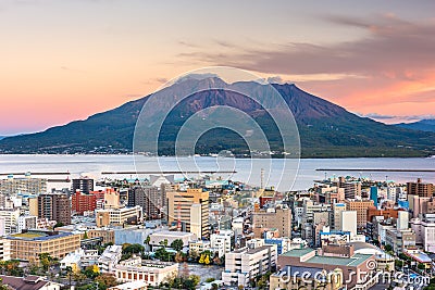 Kagoshima, Japan skyline with Sakurajima Volcano Stock Photo