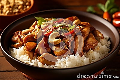 Kai Med Ma Muang chicken with cashew nuts and white rice Thailand food AI generated Stock Photo