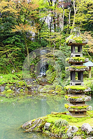 Kaiseki Pagoda and Emerald Waterfall inside Kenrokuen Garden Stock Photo