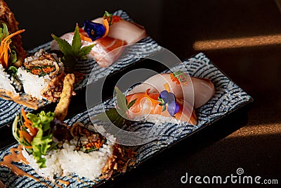 Kaiseki sushi platter combo set on the serving board in the fine dining Japanese restaurant Stock Photo