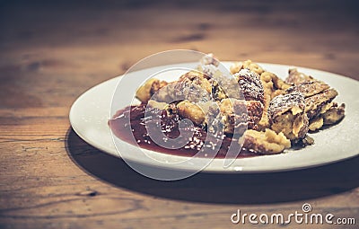 Kaiserschmarrn pancakes dessert served with plum compote Stock Photo