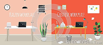 Kaizen work place vs creative work place. Stock Photo