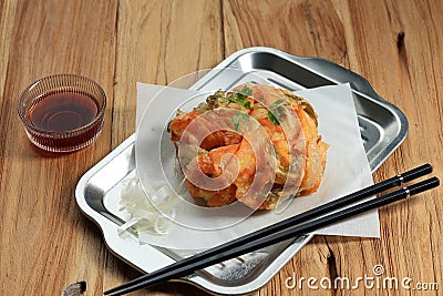 Kakiage Tempura Shrimp with Sweet Potato and Vegetable on Plate Stock Photo