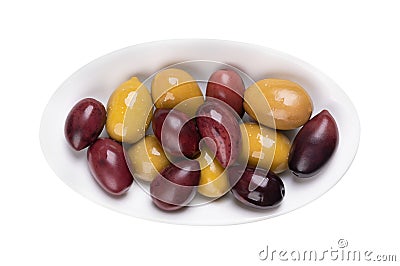 Kalamata and green olives with pit, Greek table olives, in a white bowl Stock Photo