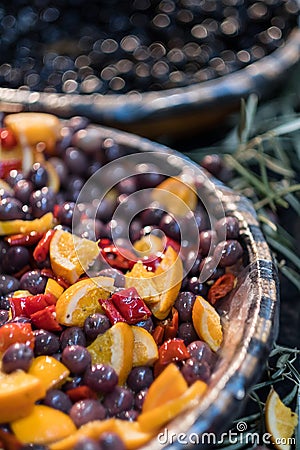 Kalamata olives marinated on market Stock Photo